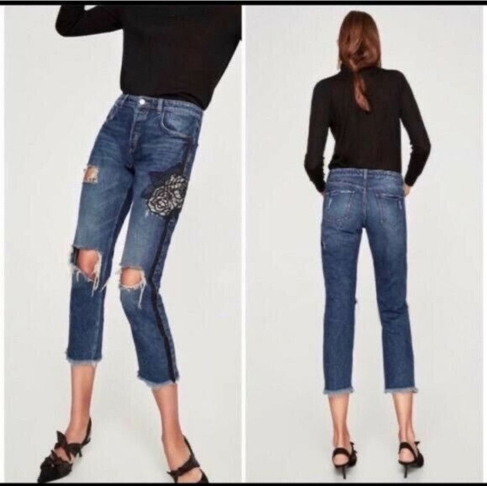 Zara Trafaluc Size 2 Jeans w/Floral Patch Embellished High Rise Crop Bs-3130